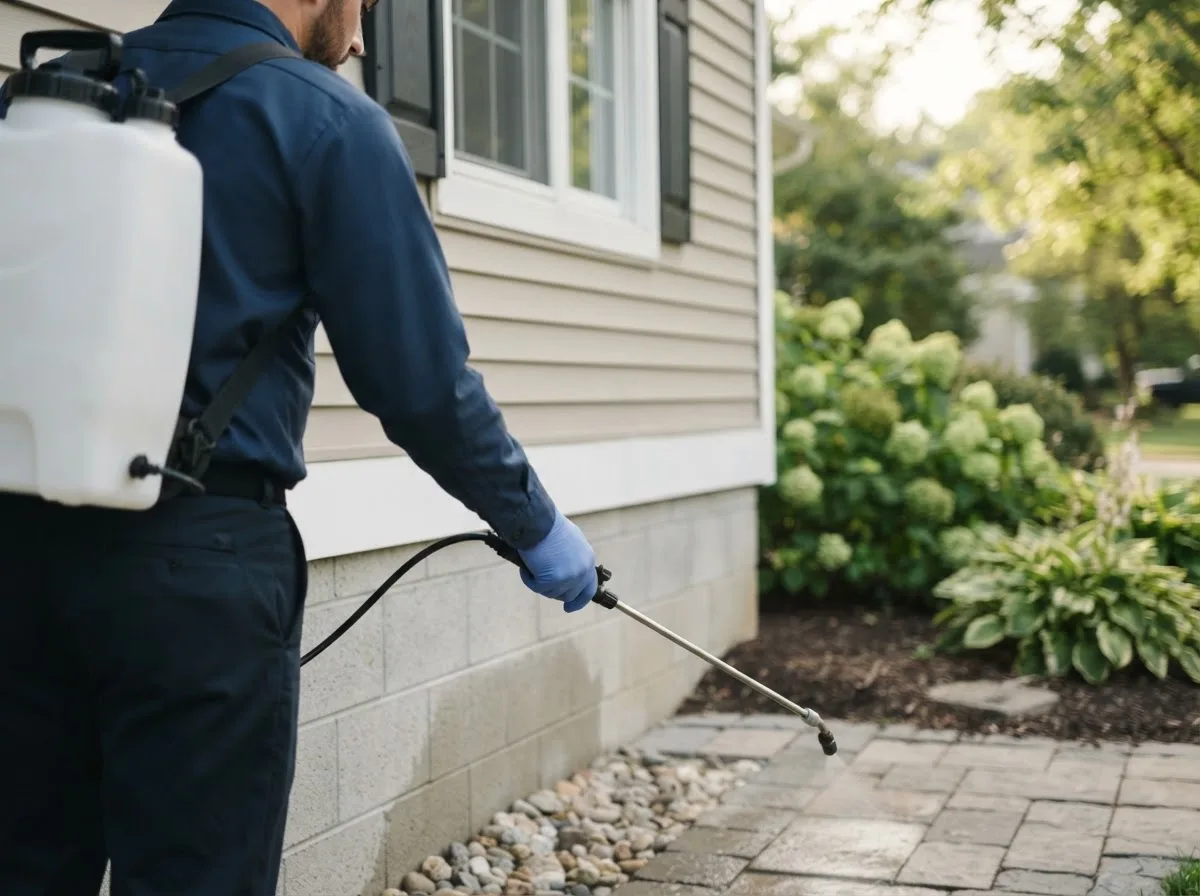 Pest control technician inspecting a home in Holstein, IA